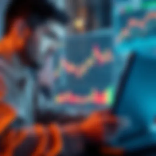 A person looking frustrated while checking their cryptocurrency accounts on a laptop, with graphs and charts showing losses.