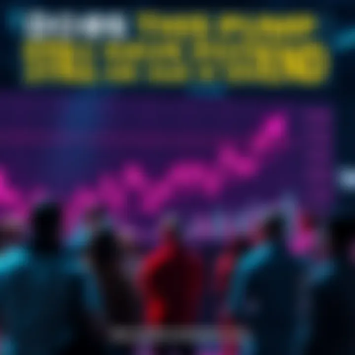 Cryptocurrency Trends A line graph showing fluctuating cryptocurrency values with arrows indicating potential movement, surrounded by people discussing market trends.