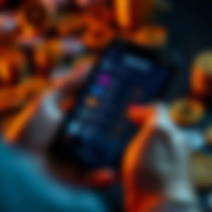 A person using a cryptocurrency wallet on a smartphone, showing multiple chains and swap options on the screen, with digital coins nearby.