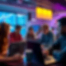 A group of first-year Computer Science students collaborating during a hackathon, sharing ideas and working on laptops.