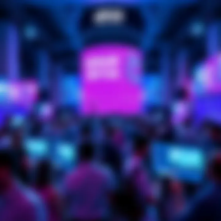 A vibrant scene of attendees enjoying the CT event at Consensus 2026 in Miami, with a focus on networking and discussions. Multiple screens display live streaming options for various sessions.