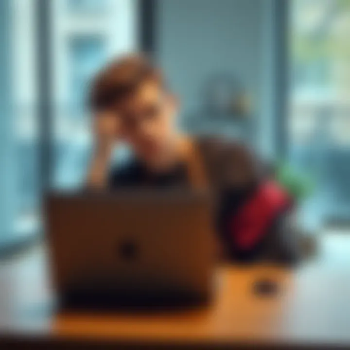 Culinary Instructor Thinking About Finances A young culinary instructor sits at a table with a laptop, looking concerned while considering financial options like bitcoin investments.