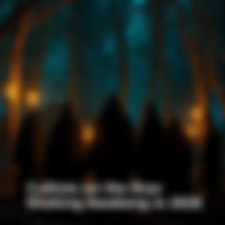 A group of people in hooded robes standing in a circle with candles in the woods at night