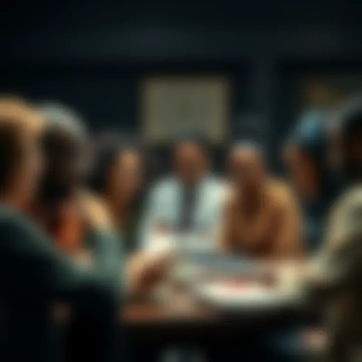 A group of diverse individuals in a meeting setting, sharing emotional stories while displaying a mix of concern and hope, symbolizing the bonds formed in cult memberships.