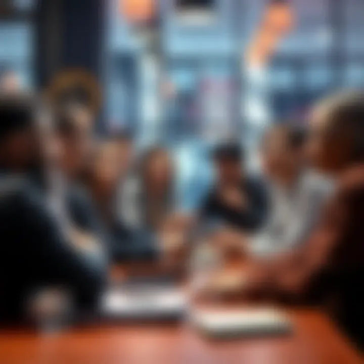 A group of diverse people discussing and asking questions while seated at a table, illustrating curiosity and conversation.