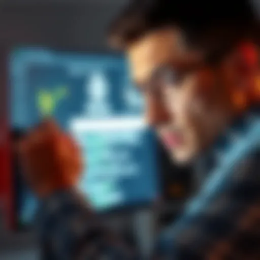 A person looking at a computer screen with a search query about buying Bitcoin, displaying a mix of hesitance and interest.