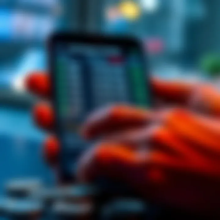 A person checking currency exchange rates on a mobile app, with metal coins in the foreground