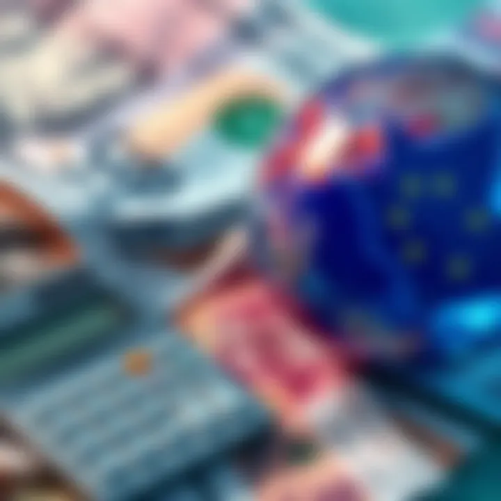 A close-up of US dollar bills and British pound notes with a calculator and a globe, representing currency exchange.