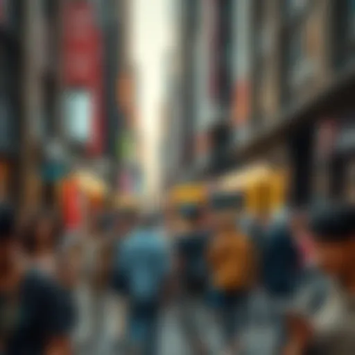 A busy city street with diverse people discussing recent events and trends, showcasing engagement with current issues.
