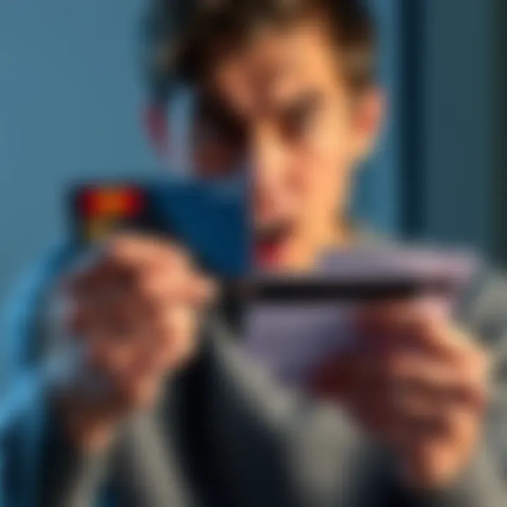 A frustrated person looking at a generic credit card while holding custom design sketches in hand
