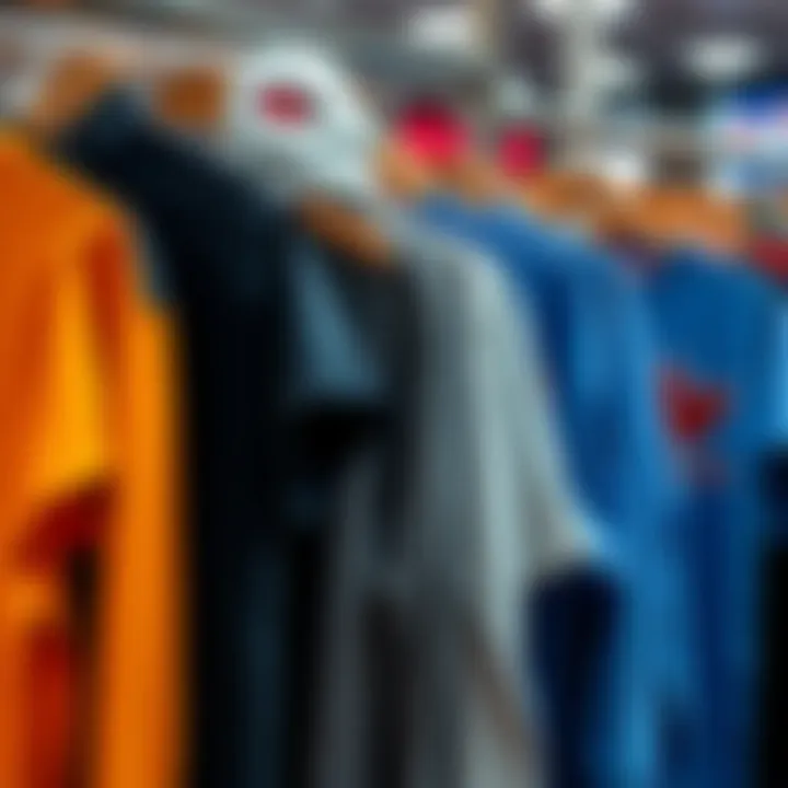 Custom T-Shirts and Hoodies A selection of personalized t-shirts and hoodies featuring custom logos in various colors, displayed on a rack.