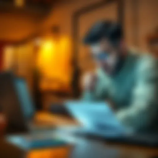 A frustrated customer looking at a promotional offer and warranty details on a laptop screen, with a calculator and paperwork on the desk.