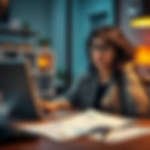 A customer looking frustrated while trying to access their online account, with papers showing residency documents on a desk