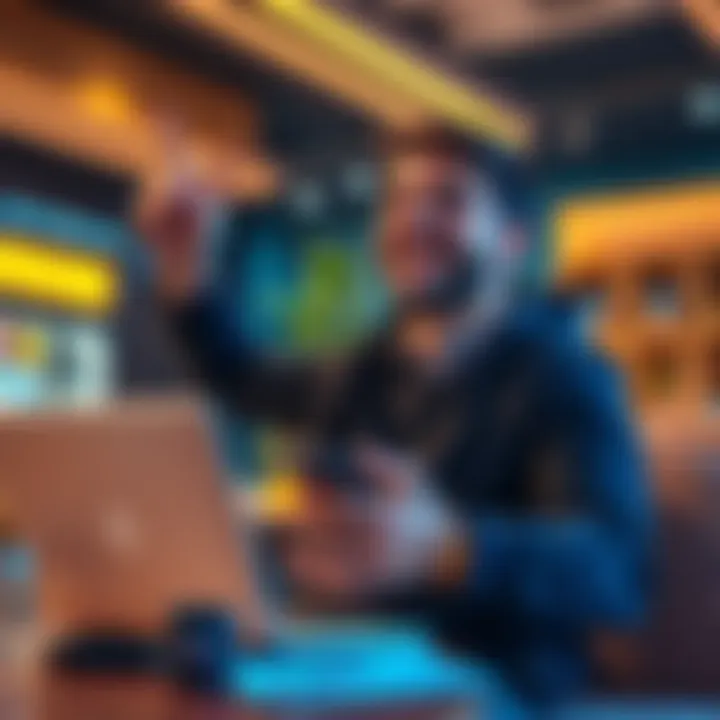 A satisfied customer with a laptop, celebrating their successful Nano purchase on Nagora.shop, showing excitement about the cryptocurrency experience