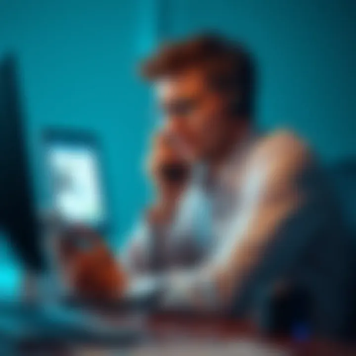 A frustrated person sitting at a desk, holding a phone to their ear, with a computer showing a stuck transaction on the screen.