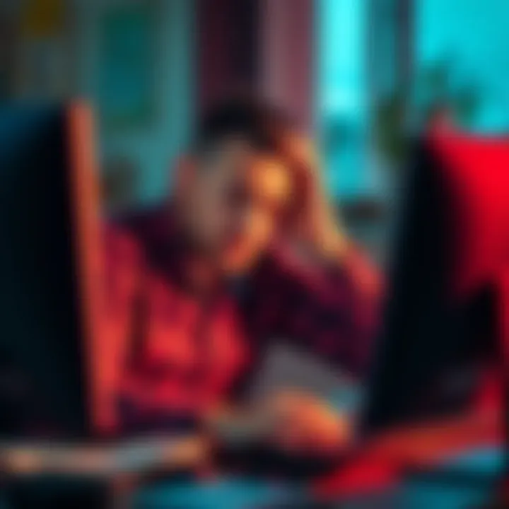 A concerned customer at a computer, showing frustration after attempting to withdraw funds from their Revolut account due to frozen deposits.