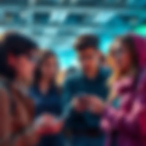 A group of people sharing concerns about the transition to Revolut Bank, some looking at their phones for updates.