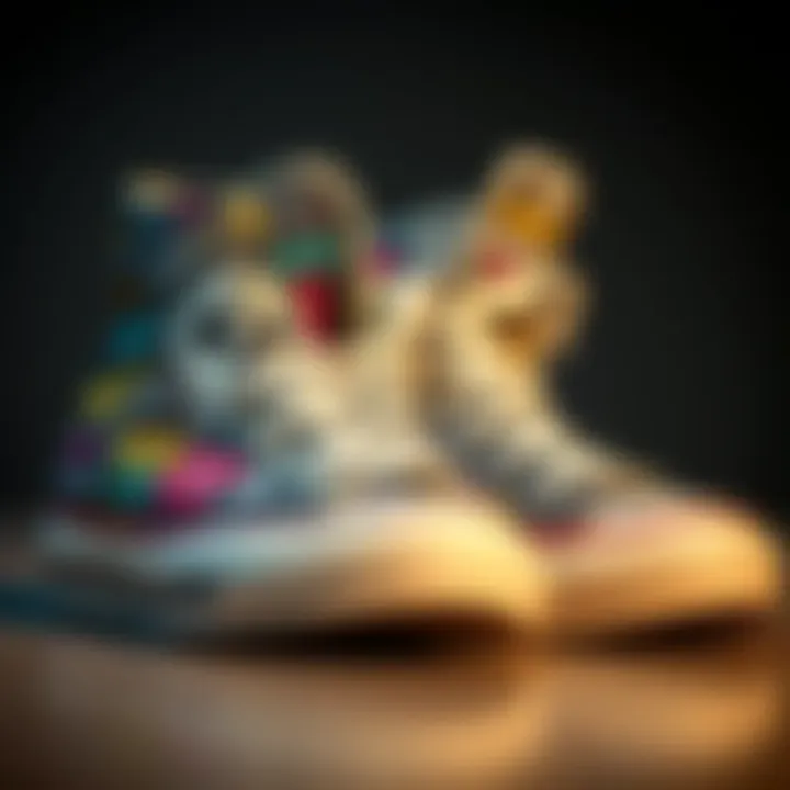 A pair of Converse shoes with colorful doodles, quotes, and skeleton designs