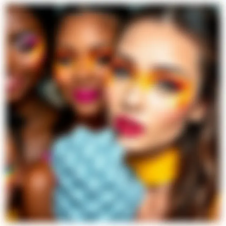 A variety of adorable makeup styles displayed on models, featuring bright colors and fun designs suitable for different occasions.