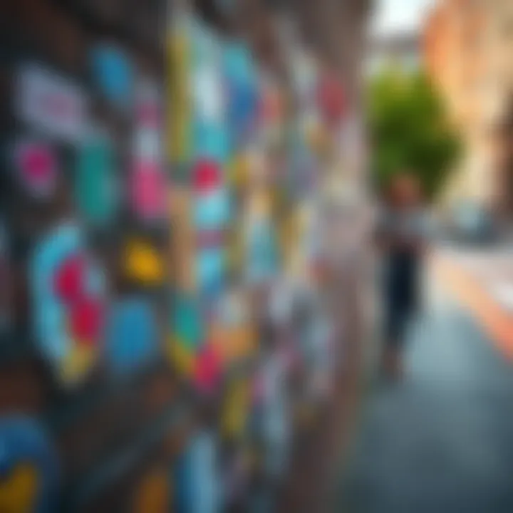 Colorful cute stickers placed on a brick wall in a public space, attracting attention from passersby
