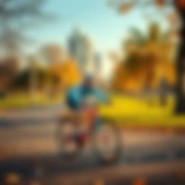 A cyclist riding through a park, gathering diamonds while maintaining a speed below 22mph to avoid warnings.
