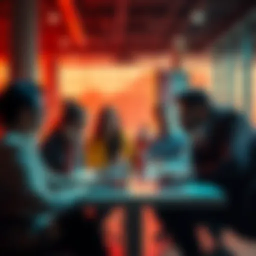 A group of diverse people discussing privacy tools and self-sovereignty in a modern office setting, showcasing the interaction between cypherpunks and institutional representatives.