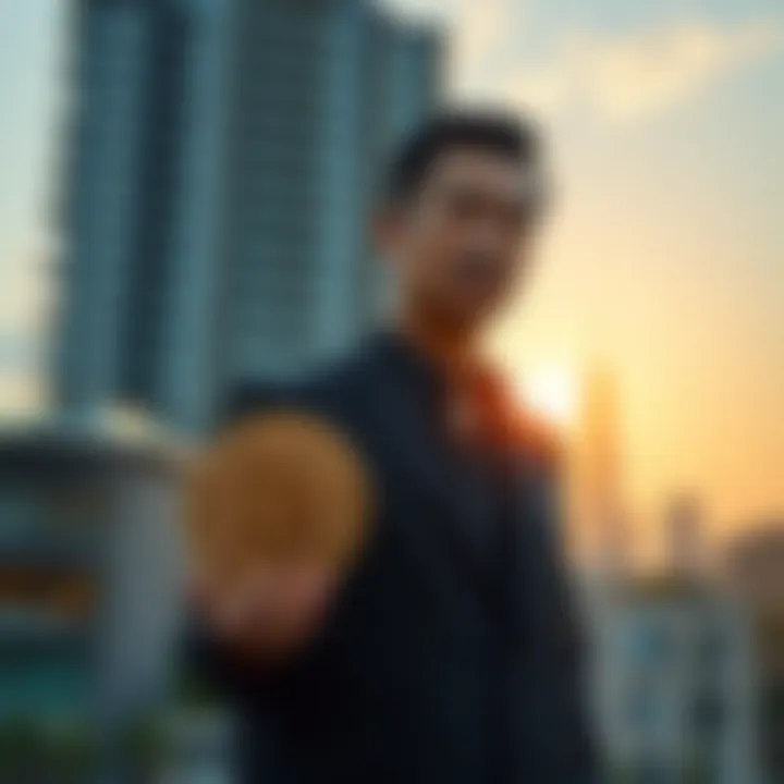CZ Selling Apartment CZ stands in front of a luxury apartment building, holding a Bitcoin symbol. The skyline is visible in the background, with a bright sun setting.