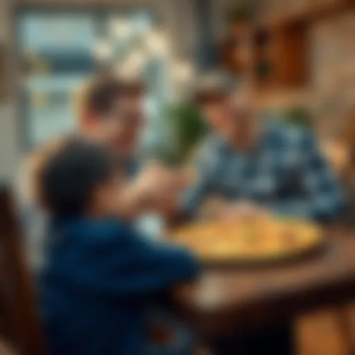 Father and son sharing a laugh at the dinner table with pizza