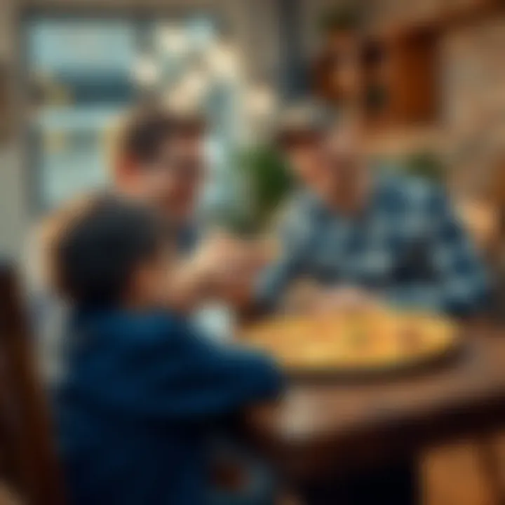 Father and son sharing a laugh at the dinner table with pizza