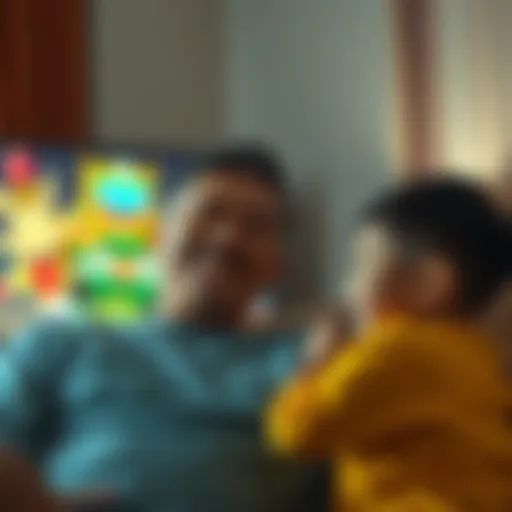 A father smiling while watching Choujin Sentai Jetman on TV with his child, sharing a joyful moment