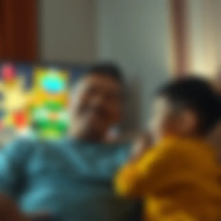 A father smiling while watching Choujin Sentai Jetman on TV with his child, sharing a joyful moment