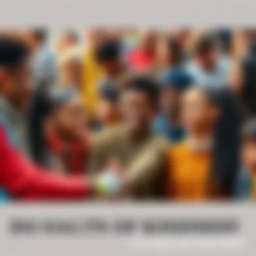 A group of diverse people engaging in acts of kindness, such as helping each other and smiling. The scene radiates positivity and community spirit.