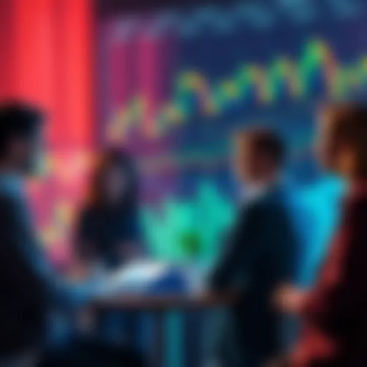 People engaging in a discussion about cryptocurrency with charts and graphs in the background