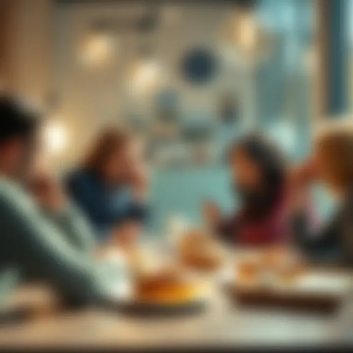 A group of people engaging in a friendly discussion while enjoying donuts at a table.