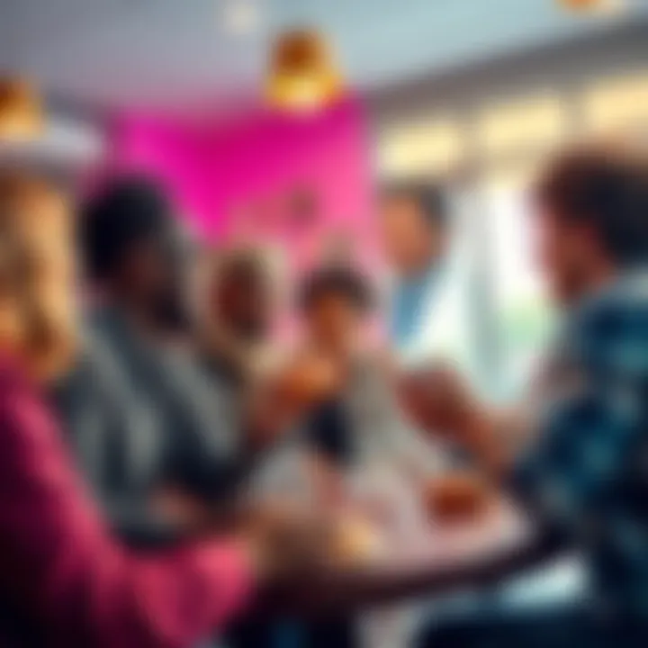 A vibrant image showcasing diverse community members engaged in a lively discussion over coffee and donuts.