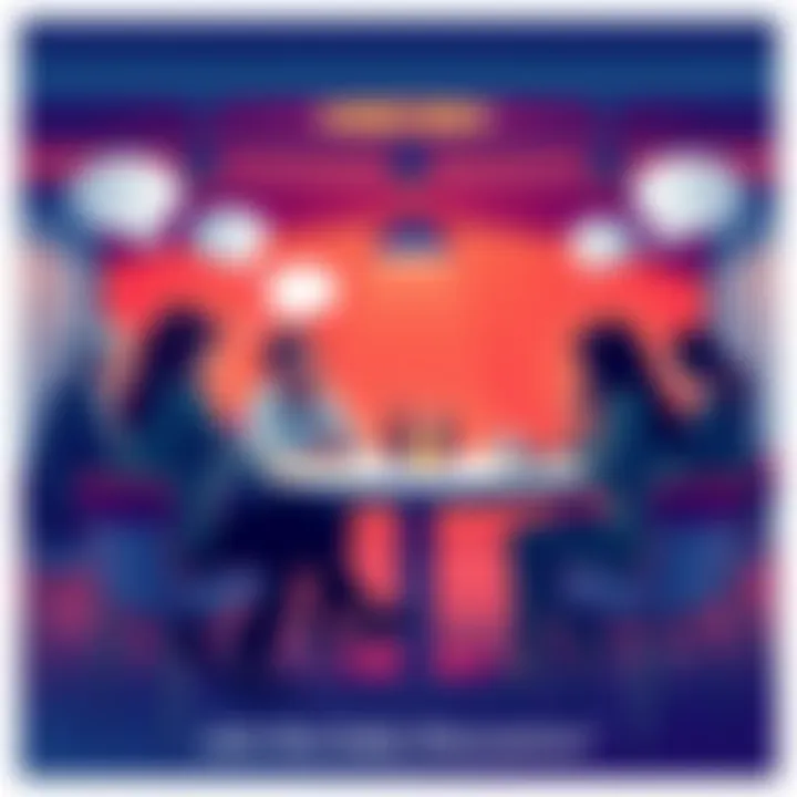 People engaged in conversation around a table with speech bubbles, sharing thoughts and ideas in a friendly setting.