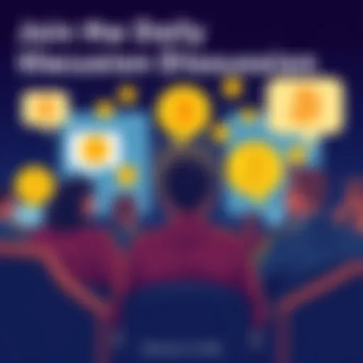 Illustration of people engaging in a Bitcoin discussion online with speech bubbles and Bitcoin logos