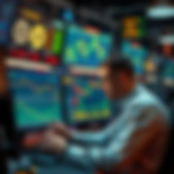 A trader analyzing crypto charts on multiple screens in a bustling environment.