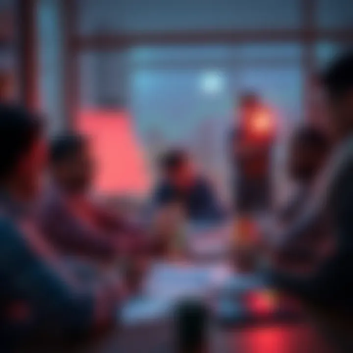 A group of people discussing daily dollar-cost averaging strategies for crypto investments, with charts and financial apps on a table.