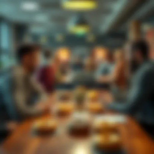 A group of people discussing in a friendly atmosphere with donuts on a table