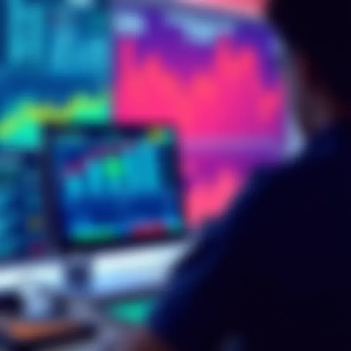 A person checking daily rewards and validator balance on a computer screen with financial graphs and charts in the background.