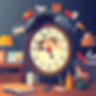 A person looking at a clock with a bored expression, surrounded by repetitive daily tasks like work, chores, and meals, symbolizing the cycle of monotony.