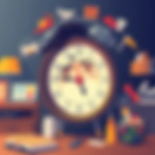 A person looking at a clock with a bored expression, surrounded by repetitive daily tasks like work, chores, and meals, symbolizing the cycle of monotony.