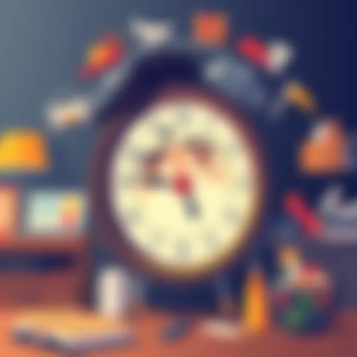 A person looking at a clock with a bored expression, surrounded by repetitive daily tasks like work, chores, and meals, symbolizing the cycle of monotony.