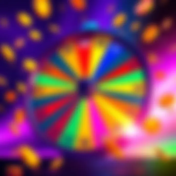 A colorful wheel being spun with tokens appearing around it, illustrating the daily spin process to earn rewards.