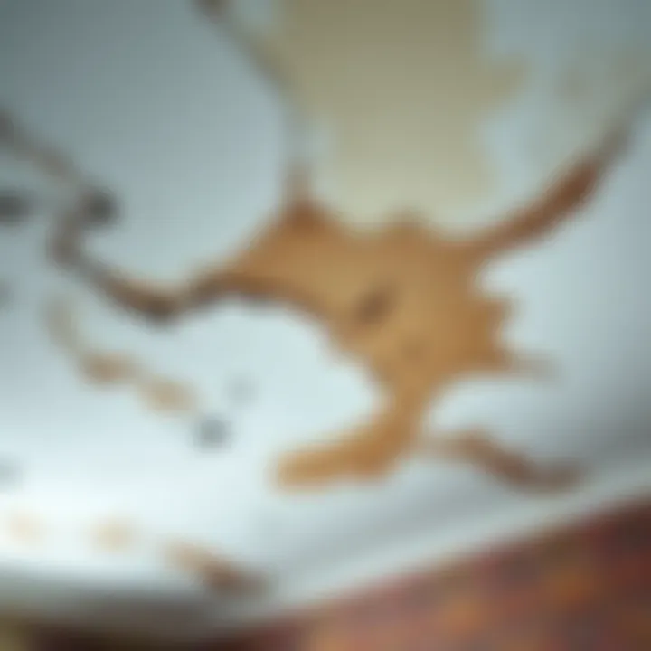 A close-up view of a wet and damaged bedroom ceiling with visible water stains and peeling paint, indicating water damage from a flooding incident.