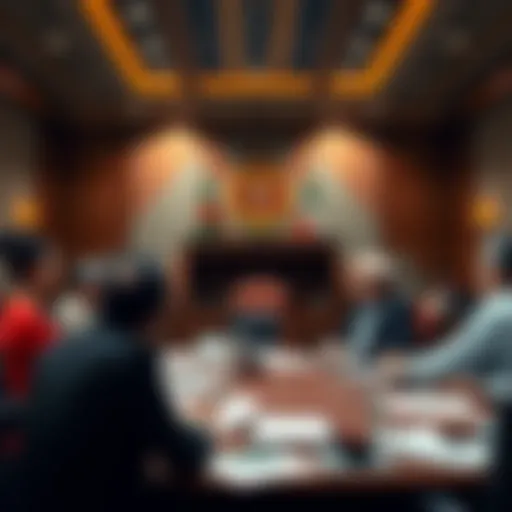 A meeting room with government officials discussing the implications of Danantara on new laws, notes and documents on the table.