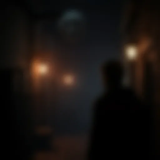 A dimly lit game scene with eerie shadows and haunting visuals, showing a character looking fearful in a traditional horror setting.