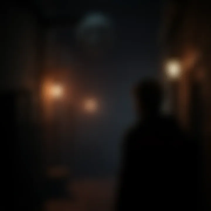 A dimly lit game scene with eerie shadows and haunting visuals, showing a character looking fearful in a traditional horror setting.