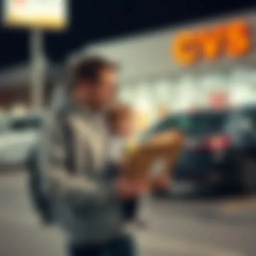 A dasher in a parking lot with their young child, holding an unusual CVS order featuring a toy and candy bar, looking amused while shaking their head.